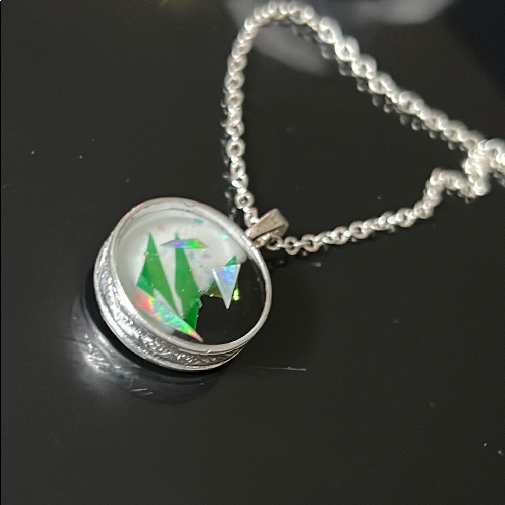 Silver, Black & White Resin Pendant with Green Accents & Free Necklace